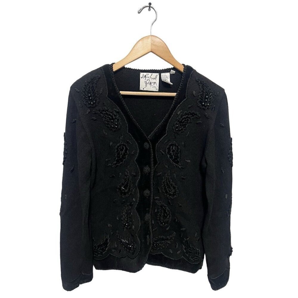 Michael Simon Beaded Paisley Cardigan M Black NWT